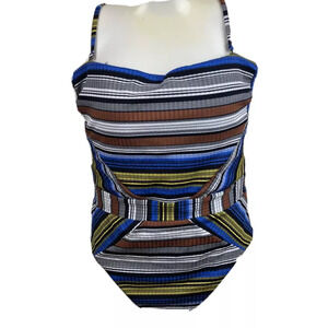 Becca Womens One Piece Swimsuit Striped Open Back Blue Brown Size Large